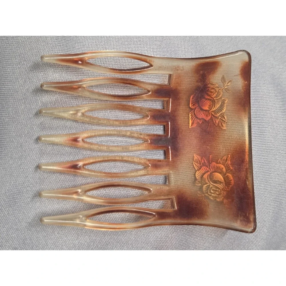Vintage Hair Comb Faux Tortoise Shell Gold Roses Flowers France Accessory